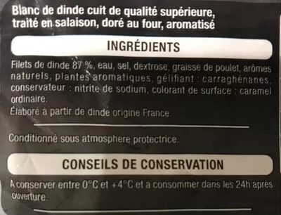 Lista de ingredientes del producto Blanc de Dinde doré au four Auchan 180 g