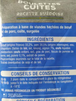 Lista de ingredientes del producto Boulettes cuites façon suédoise Auchan 350 g