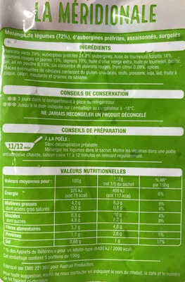 Lista de ingredientes del producto Poêlées la meridionale Auchan 750g