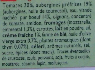 Lista de ingredientes del producto Moussaka (Pur Bœuf), Surgelé Findus, Nomad Foods 600 g 