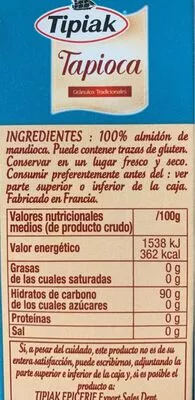 Lista de ingredientes del producto Tapioca Tipiak 