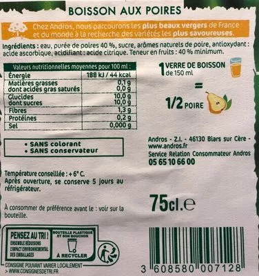 Lista de ingredientes del producto Boisson aux Poires Andros 