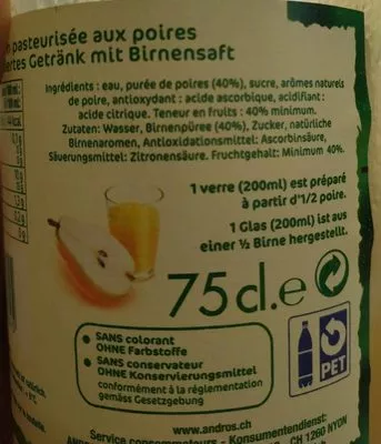 Lista de ingredientes del producto Boisson pasteurisé aux poires  