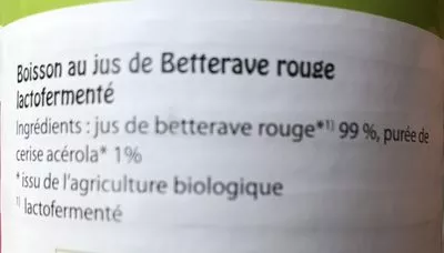 Lista de ingredientes del producto Jus Betterave Rouges 1.2.3 Bio 75 cl