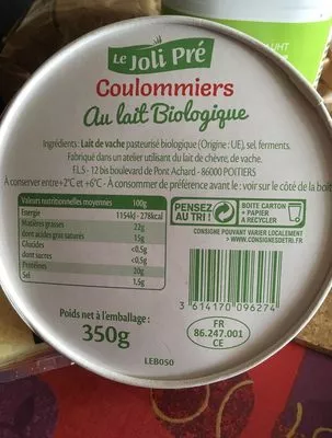 Lista de ingredientes del producto Le joli pré coulommiers au lait bio Le Joli Pré 350g