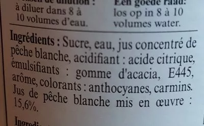 Lista de ingredientes del producto Sirop de pêche blanche La maison guiot 