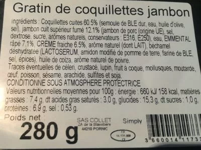 Lista de ingredientes del producto Gratin de coquillettes jambon Simply 280 g