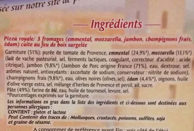 Lista de ingredientes del producto La pizza Duo de Manosque royale fromage La Pizza de Manosque 