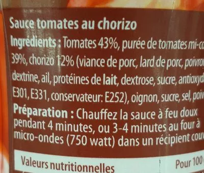 Lista de ingredientes del producto Sacrément bon tomates et chorizo Heinz 490 g