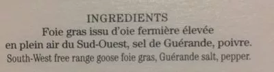 Lista de ingredientes del producto Foie gras d'oie entier Comtesse du Barry 