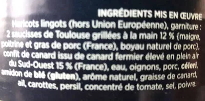 Lista de ingredientes del producto Cassoulet Languedoc au confit de canard Comtesse du Barry 715 g (2 Parts)