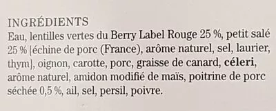 Lista de ingredientes del producto Le petit salé aux lentilles vertes du Berry Comtesse du Barry 310 g