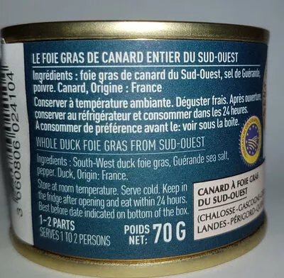 Lista de ingredientes del producto foie gras entier du Sud Ouest Comtesse du Barry 70 grs