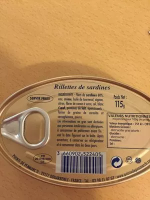 Lista de ingredientes del producto Sardinen-rillettes "Rillettes De Sardine" La pointe de penmarc h 115 g