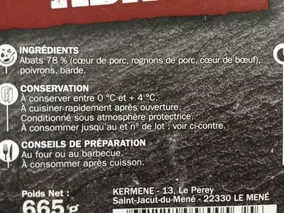 Lista de ingredientes del producto Brochettes d'abats x 7 Marque Repère, Férial 665 g