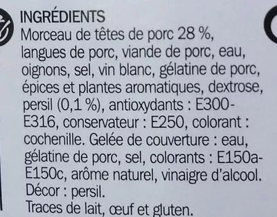 Lista de ingredientes del producto Pâté de tête persillé Tradilège, Marque Repère 180 g