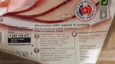 Lista de ingredientes del producto Filet de poulet braisé x 4 tranches Filet bleu, Filet De Poulet Leclerc,  Marque Repère,  Tradilège 120 g