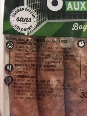 Lista de ingredientes del producto Chipolatas aux herbes x 6 Férial, Marque Repère 330 g