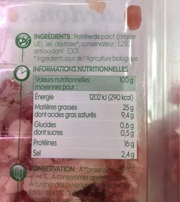 Lista de ingredientes del producto Lardons natures bio Marque Repère,  Bio Village 2 x 75 g