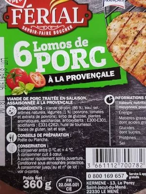 Lista de ingredientes del producto Lomo à la provençale x 6 Marque Repère,  Férial 360 g