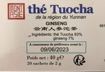 Lista de ingredientes del producto Thé Tuocha Ginseng Mont Asie 40 g