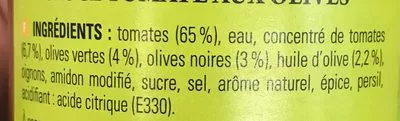 Lista de ingredientes del producto Sauce Tomate aux Olives Tustin 350 g (370 ml)