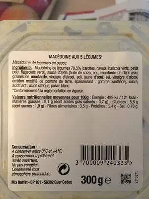 Lista de ingredientes del producto 300G Macedoine Legumes Mix Buffet - mayonnaise Les mousquetaires 300grs