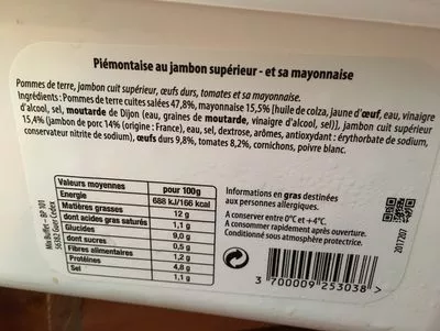 Lista de ingredientes del producto Piémontaise au jambon superieur et sa mayonnaise  2,5 kg