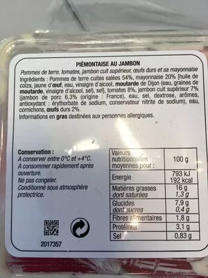 Lista de ingredientes del producto Piémontaise au Jambon  