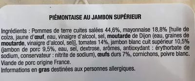 Lista de ingredientes del producto Piemontaise au jambon superieur  