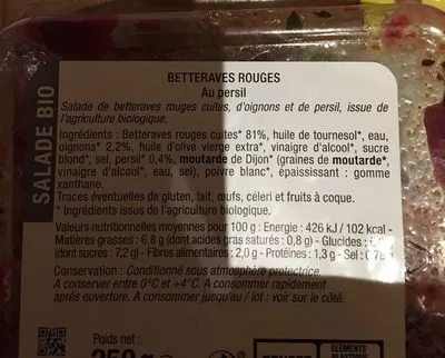 Lista de ingredientes del producto Salade betteraves rouges au persil  250g