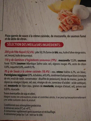 Lista de ingredientes del producto Pizza del Gusto Saumon fumé Carrefour 380 g