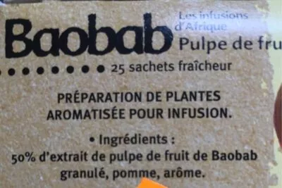 Lista de ingredientes del producto Infusions De Baobab Les Infusions d’Afrique, Racines-SA 40 g (25 sachets)