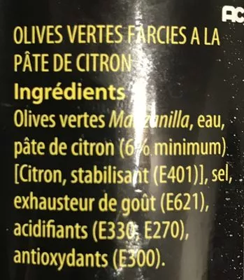 Lista de ingredientes del producto Olives vertes à la pâte de citron Esmeralda 