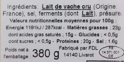 Lista de ingredientes del producto Coulommiers sur paille  