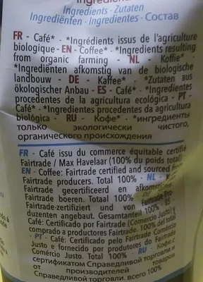 Lista de ingredientes del producto Café Destination premium, Destination Bio 500 g