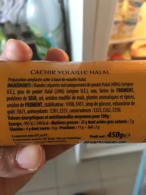 Lista de ingredientes del producto Saucisses Hallal Cachir 450 g