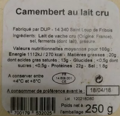 Lista de ingredientes del producto Camembert au Lait cru  250 g