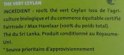 Lista de ingredientes del producto Thé Vert Ceylan Bio Alter Eco Alter Eco 40 g