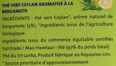 Lista de ingredientes del producto Thé vert Earl Grey à la bergamote Alter Eco 40 g (20 x 2 g)