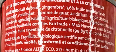 Lista de ingredientes del producto Lait de coco gingembre citronnelle Alter Eco 400 ml