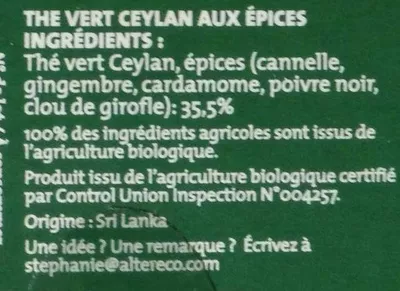 Lista de ingredientes del producto Thé vert Chaï aux épices Alter Eco 40 g