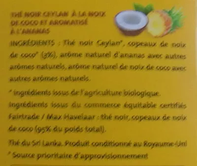 Lista de ingredientes del producto Thé noir Ananas Noix de coco Alter Eco 34 g