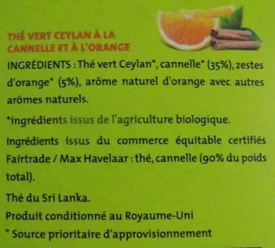 Lista de ingredientes del producto Thé vert Orange Cannelle Alter Eco 40 g