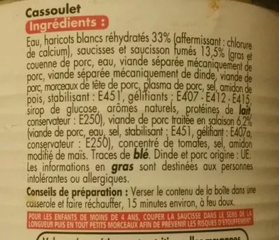 Lista de ingredientes del producto Cassoulet Tous les jours 840 g