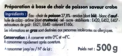 Lista de ingredientes del producto Bâtonnets saveur crabe Tous les jours 500 g