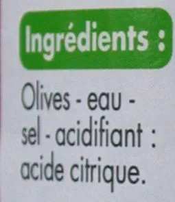 Lista de ingredientes del producto Olives vertes dénoyautées Tous les jours 160 g