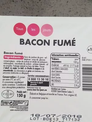 Lista de ingredientes del producto Bacon fumé Tous les jours 12 tranches (150 g)