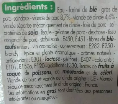 Lista de ingredientes del producto Pâté en croûte 10 Tranches Tous les jours 550 g