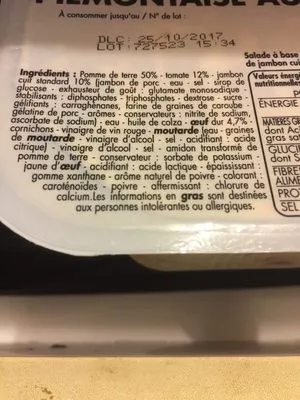 Lista de ingredientes del producto Piemontaise au jambon Tous les jours 